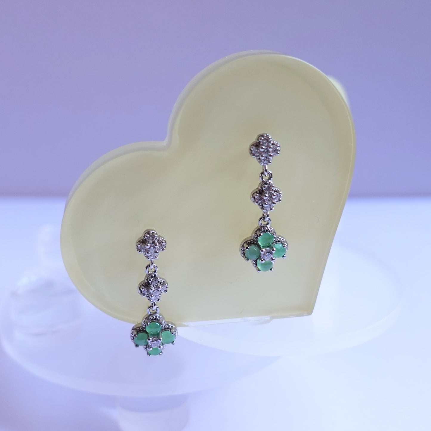 翡翠#STC318-冰綠四葉草蛋面銀耳環